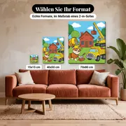 Malen nach Zahlen Rubble und sein Team vor einem Backsteinhaus – verfügbare Formate im Größenvergleich zu einem Sofa