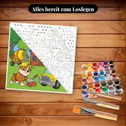Malen nach Zahlen Rubble und sein Team vor einem Backsteinhaus – Set bereit zum Loslegen auf dem Tisch