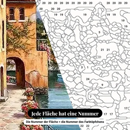 Malen nach Zahlen mediterranes Dorf am See – nummerierte Leinwand zum Malen