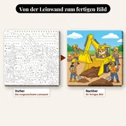 Malen nach Zahlen Rubble und sein Team mit gelbem Bagger – vorher und nachher: vorgezeichnete Leinwand und fertiges Gemälde