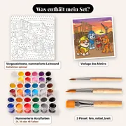 Malen nach Zahlen Rubble und sein Team mit Kran bei Sonnenuntergang – Set-Inhalt: vorgezeichnete Leinwand, Farben, Pinsel