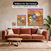 Malen nach Zahlen Rubble und sein Team mit Kran bei Sonnenuntergang – verfügbare Formate im Größenvergleich zu einem Sofa
