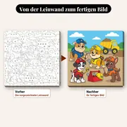 Malen nach Zahlen Rubble und sein Team mit Werkzeugen und Kipplaster – vorher und nachher: vorgezeichnete Leinwand und fertiges Gemälde