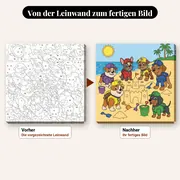 Malen nach Zahlen Rubble und sein Team Sandburg – vorher und nachher: vorgezeichnete Leinwand und fertiges Gemälde
