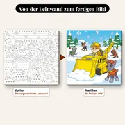 Malen nach Zahlen Rubble und sein Team im Schnee mit Bulldozer – vorher und nachher: vorgezeichnete Leinwand und fertiges Gemälde