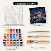 Malen nach Zahlen Eiffelturm und Ausflugsschiff bei Nacht – Set-Inhalt: vorgezeichnete Leinwand, Farben, Pinsel