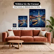 Malen nach Zahlen Eiffelturm und Ausflugsschiff bei Nacht – verfügbare Formate im Größenvergleich zu einem Sofa