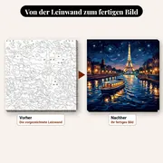 Malen nach Zahlen Eiffelturm und Ausflugsschiff bei Nacht – vorher und nachher: vorgezeichnete Leinwand und fertiges Gemälde