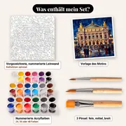 Malen nach Zahlen Opéra Garnier bei Nacht – Set-Inhalt: vorgezeichnete Leinwand, Farben, Pinsel