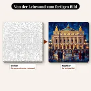 Malen nach Zahlen Opéra Garnier bei Nacht – vorher und nachher: vorgezeichnete Leinwand und fertiges Gemälde