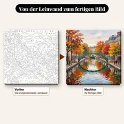 Malen nach Zahlen Canal Saint-Martin im Herbst – vorher und nachher: vorgezeichnete Leinwand und fertiges Gemälde