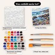 Malen nach Zahlen Gezeitentümpel mit Krabben und Seesternen – Set-Inhalt: vorgezeichnete Leinwand, Farben, Pinsel