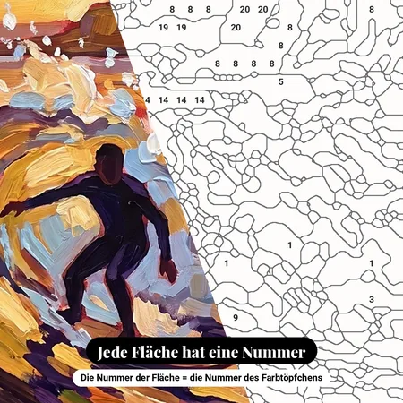 Malen nach Zahlen Surfer auf einer Welle bei Sonnenuntergang – nummerierte Leinwand zum Malen