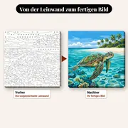 Malen nach Zahlen Unterwasserwelt: Meeresschildkröte in türkisfarbener Lagune – vorher und nachher: vorgezeichnete Leinwand und fertiges Gemälde