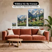 Malen nach Zahlen Alpendorf und Kirche im Sommer – verfügbare Formate im Größenvergleich zu einem Sofa