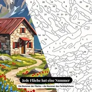 Malen nach Zahlen Berghütte und Wildblumen – Nahaufnahme der nummerierten Leinwand