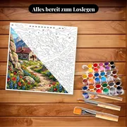 Malen nach Zahlen Berghütte und Wildblumen – Set bereit zum Loslegen auf dem Tisch