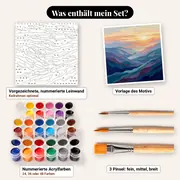 Malen nach Zahlen blaue Berge bei Sonnenuntergang – Set-Inhalt: vorgezeichnete Leinwand, Farben, Pinsel