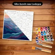 Malen nach Zahlen blaue Berge bei Sonnenuntergang – Set bereit zum Loslegen auf dem Tisch