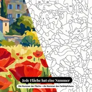 Malen nach Zahlen Mohnblumenfeld und provenzalisches Dorf – Nahaufnahme der nummerierten Leinwand