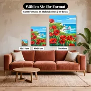 Malen nach Zahlen rote Mohnblumen auf der Klippe – verfügbare Formate im Größenvergleich zu einem Sofa