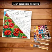 Malen nach Zahlen rote Mohnblumen auf der Klippe – Set bereit zum Loslegen auf dem Tisch