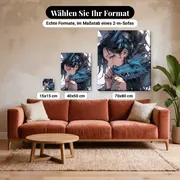 Malen nach Zahlen Manga-Frau und blauer Drache – verfügbare Formate im Größenvergleich zu einem Sofa