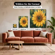 Malen nach Zahlen Biene auf einer Sonnenblume – verfügbare Formate im Größenvergleich zu einem Sofa
