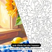 Malen nach Zahlen Sonnenblumen und Zitronen im Glas – Nahaufnahme der nummerierten Leinwand