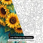 Malen nach Zahlen Sonnenblumenkranz an türkisfarbener Tür – Nahaufnahme der nummerierten Leinwand