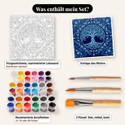 Malen nach Zahlen Lebensbaum Mandala in Blau – Set-Inhalt: vorgezeichnete Leinwand, Farben, Pinsel