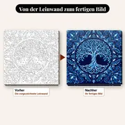 Malen nach Zahlen Lebensbaum Mandala in Blau – vorher und nachher: vorgezeichnete Leinwand und fertiges Gemälde