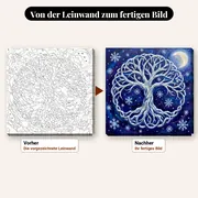 Malen nach Zahlen Lebensbaum im winterlichen Raureif – vorher und nachher: vorgezeichnete Leinwand und fertiges Gemälde