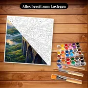 Malen nach Zahlen Hogwarts-Express auf dem Viadukt – Set bereit zum Loslegen auf dem Tisch