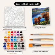 Malen nach Zahlen Highland-Kuh mit Kalb am See – Set-Inhalt: vorgezeichnete Leinwand, Farben, Pinsel