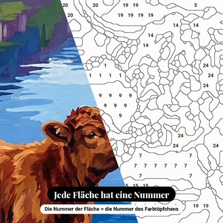 Malen nach Zahlen Highland-Kuh mit Kalb am See – nummerierte Leinwand zum Malen