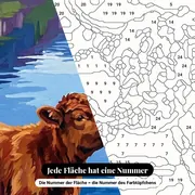 Malen nach Zahlen Highland-Kuh mit Kalb am See – Nahaufnahme der nummerierten Leinwand
