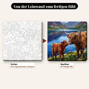 Malen nach Zahlen Highland-Kuh mit Kalb am See – vorher und nachher: vorgezeichnete Leinwand und fertiges Gemälde