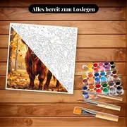 Malen nach Zahlen Highland-Kuh im herbstlichen Wald – Set bereit zum Loslegen auf dem Tisch