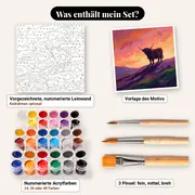 Malen nach Zahlen Highland-Kuh im Sonnenuntergang – Set-Inhalt: vorgezeichnete Leinwand, Farben, Pinsel