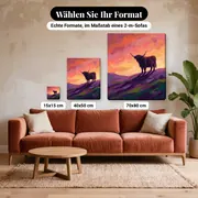 Malen nach Zahlen Highland-Kuh im Sonnenuntergang – verfügbare Formate im Größenvergleich zu einem Sofa