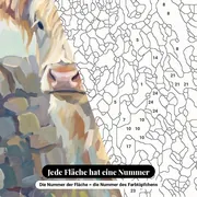 Malen nach Zahlen cremefarbene Highland-Kuh an einer Mauer – Nahaufnahme der nummerierten Leinwand
