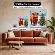 Malen nach Zahlen Highland-Kuh mit rotem Schal zu Weihnachten – verfügbare Formate im Größenvergleich zu einem Sofa