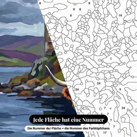 Malen nach Zahlen Highland-Kuh vor einem Schloss – nummerierte Leinwand zum Malen