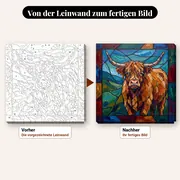 Malen nach Zahlen Highland-Kuh im Glasfenster-Stil – vorher und nachher: vorgezeichnete Leinwand und fertiges Gemälde