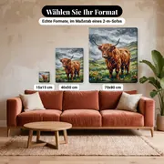 Malen nach Zahlen Highland-Kuh im Regen – verfügbare Formate im Größenvergleich zu einem Sofa