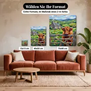 Malen nach Zahlen Highland-Kuh hinter einem Zaun – verfügbare Formate im Größenvergleich zu einem Sofa