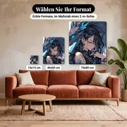Malen nach Zahlen Manga-Mädchen und schwarzer Drache mit blauen Augen – verfügbare Formate im Größenvergleich zu einem Sofa