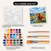 Malen nach Zahlen Highland-Kuh in einem Tal – Set-Inhalt: vorgezeichnete Leinwand, Farben, Pinsel