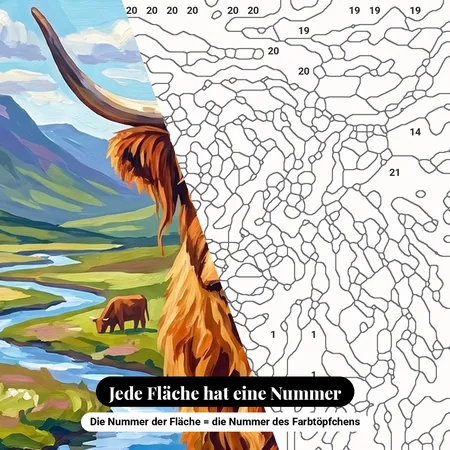 Malen nach Zahlen Highland-Kuh in einem Tal – nummerierte Leinwand zum Malen